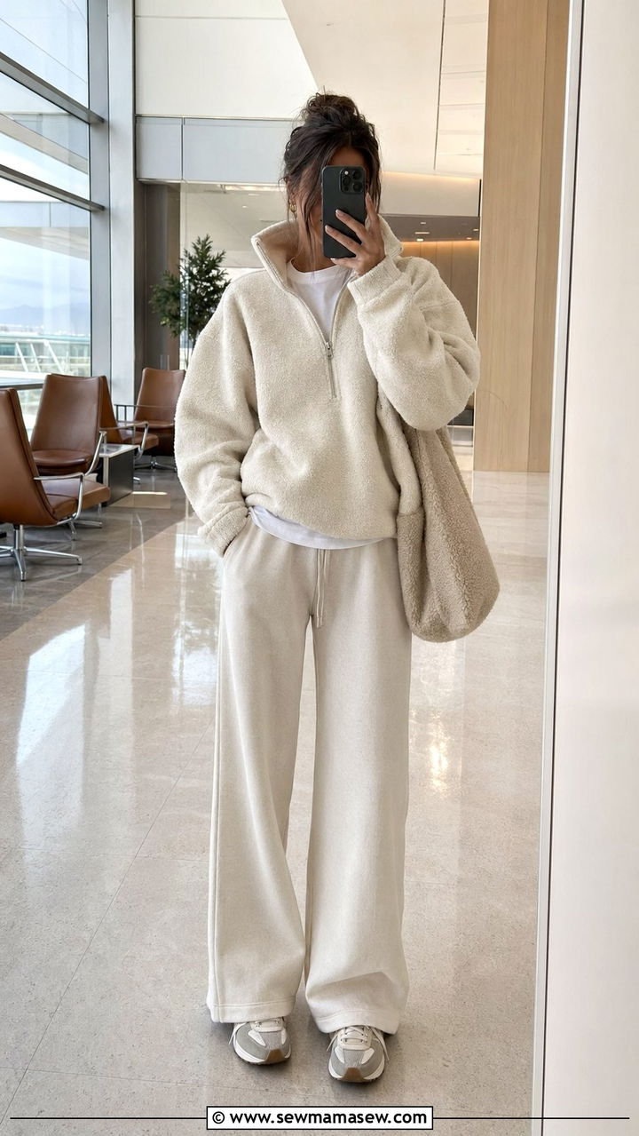 Fleece HalfZip Pullover and Track Pants - 30 Airport outfit ideas for red eye flight