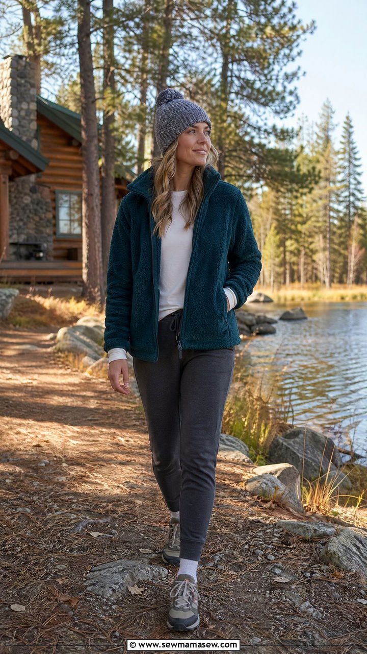 Fleece Jacket With Joggers and Beanie - 35 Cozy cabin weekend outfit ideas