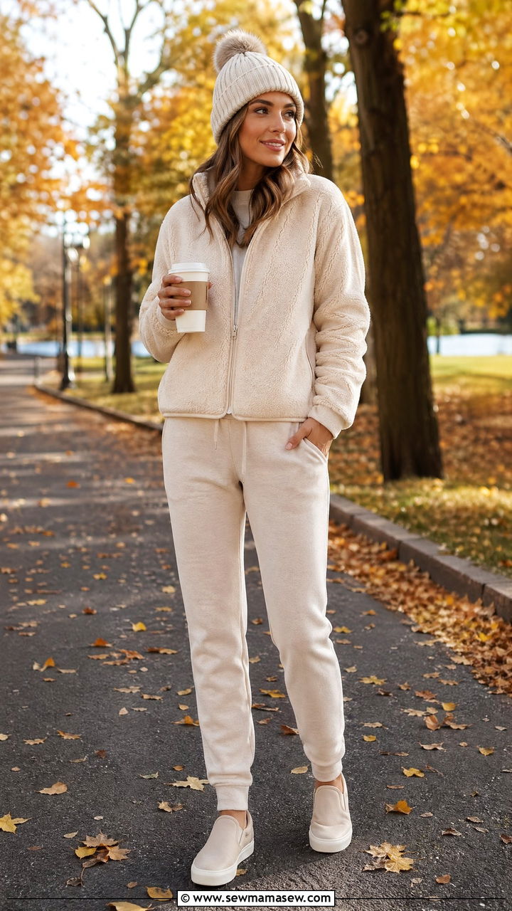 Fleece Jacket With Joggers and a Beanie - 35 comfy outfit ideas for women