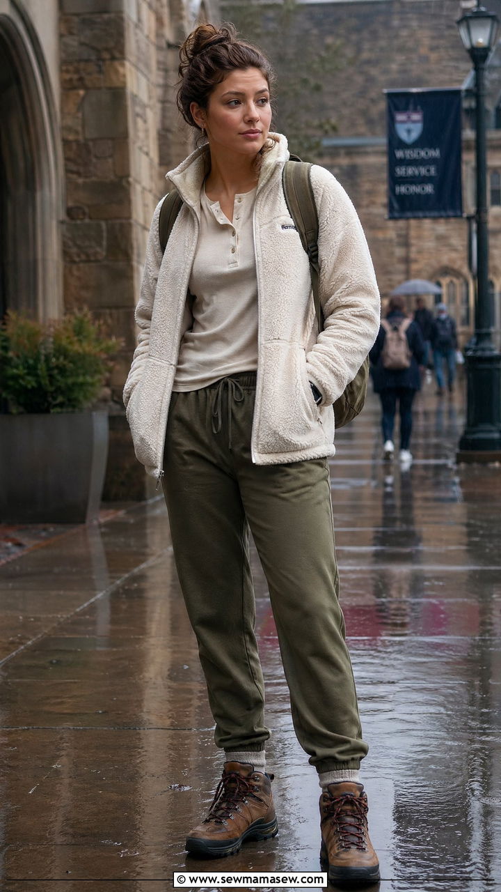 Fleece Jacket and Joggers with Hiking Boots - 35 Cute college outfit ideas
