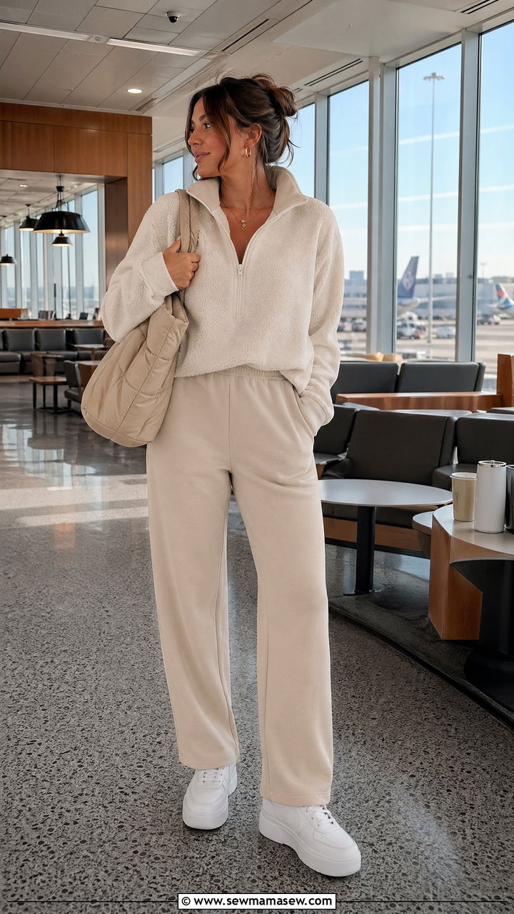 Fleece Jacket with Straight Leg Sweatpants - 35 travel outfit ideas for women