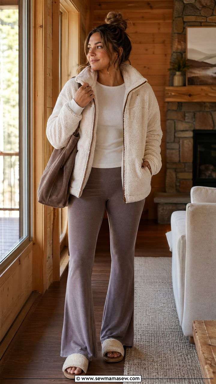 Fleece Lined Sherpa Jacket With Stretchy Flare Pants - 35 comfortable outfit ideas for women