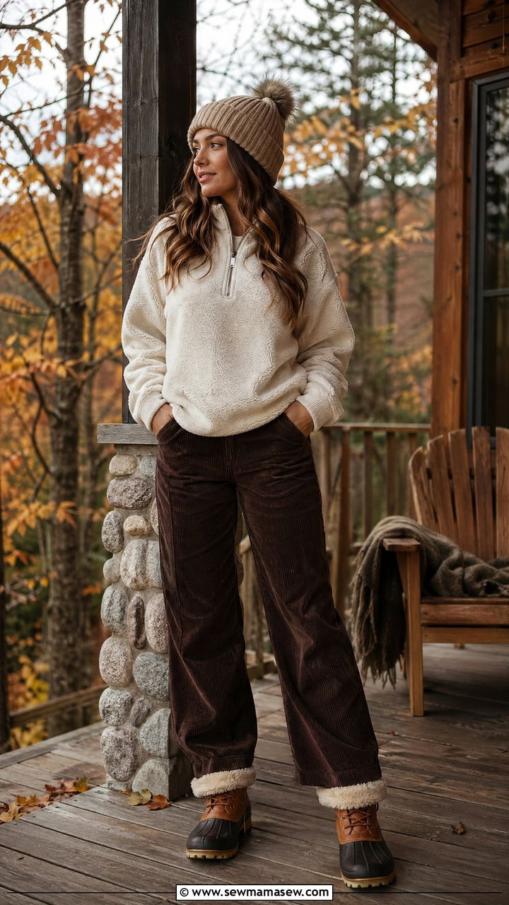 Fleece Pullover With Corduroy Pants And Bean Boots - 40 vacation outfit ideas for women