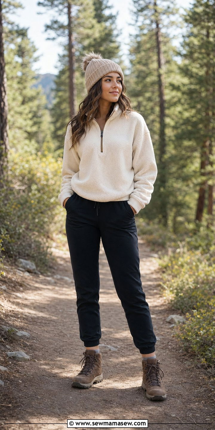 Fleece Pullover With Joggers And Hiking Boots - 30 Windy day outfit ideas