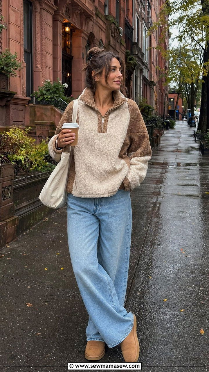 Fleece Pullover with Wide Leg Jeans and Ugg Boots - 35 rainy day outfit ideas