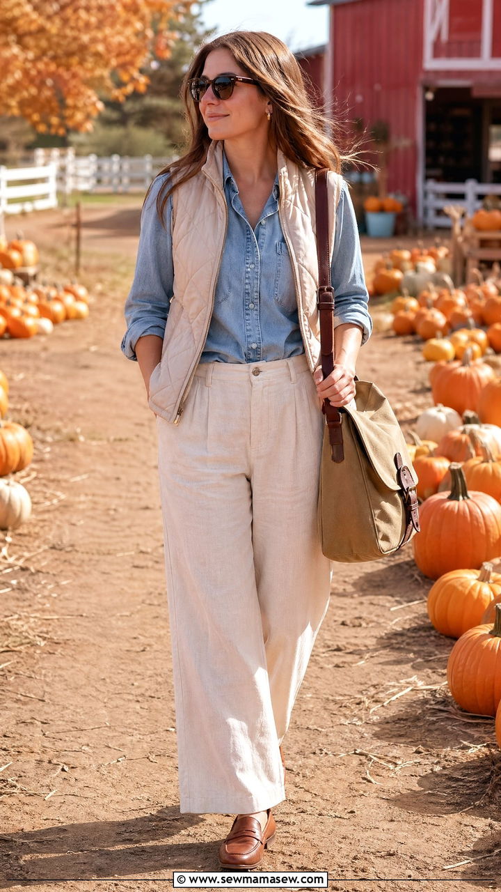 Fleece Vest Over Button Down And Linen Trousers - 35 Summer transition outfits