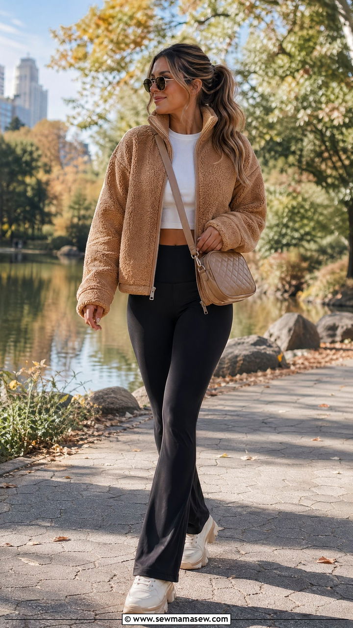 Fleece jacket and flared leggings - 35 sporty chic outfits ideas