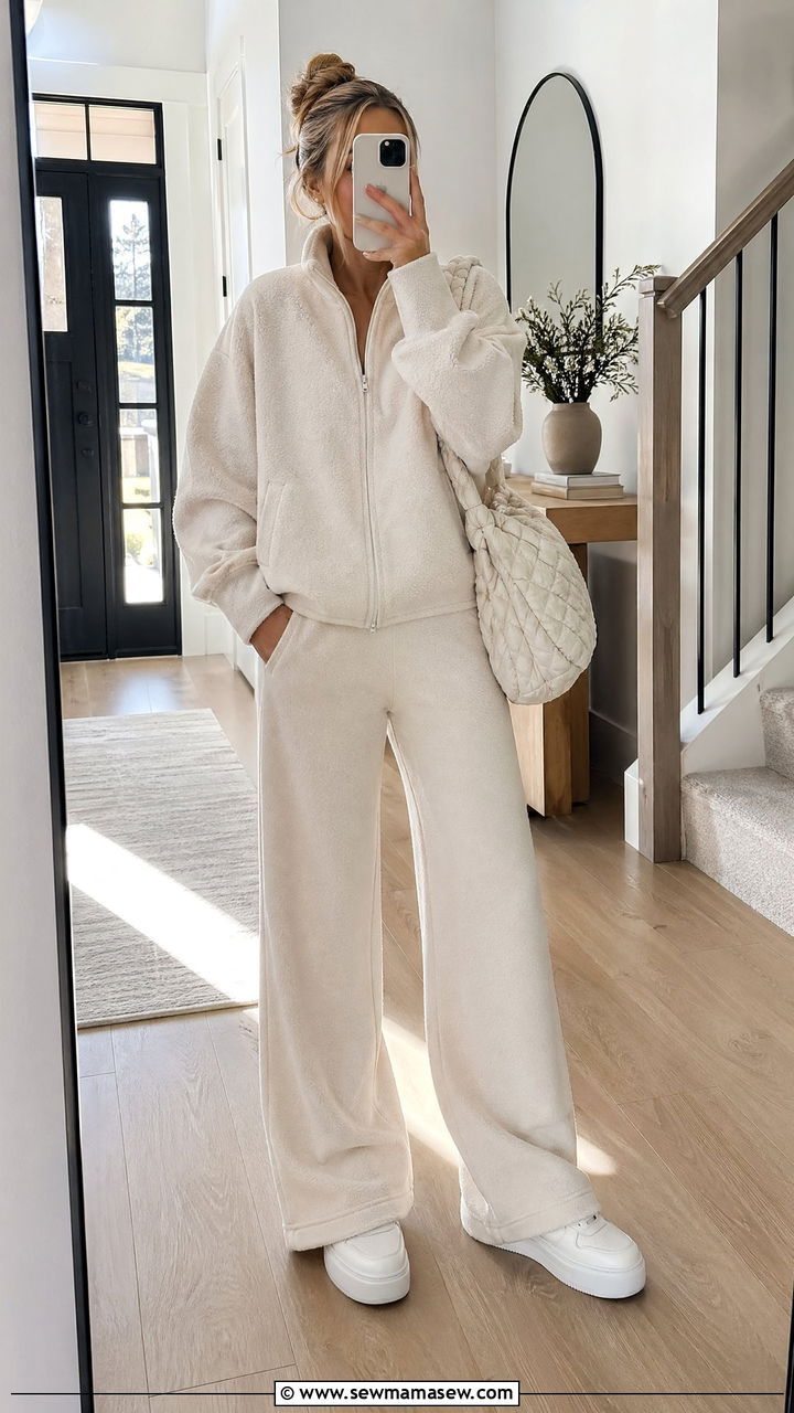 Fleece jacket and wide leg pants outfit - 35 Comfy outfits for moms