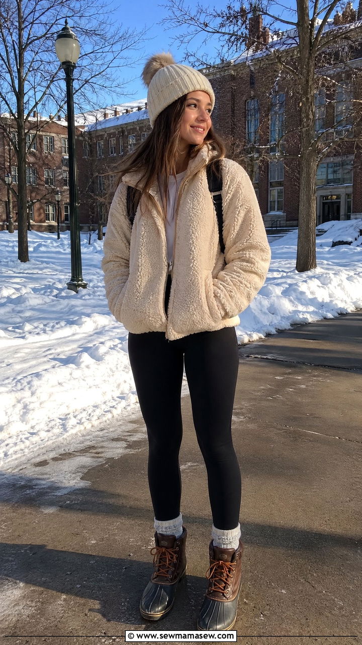 Fleece jacket with leggings and duck boots - 35 casual school outfits