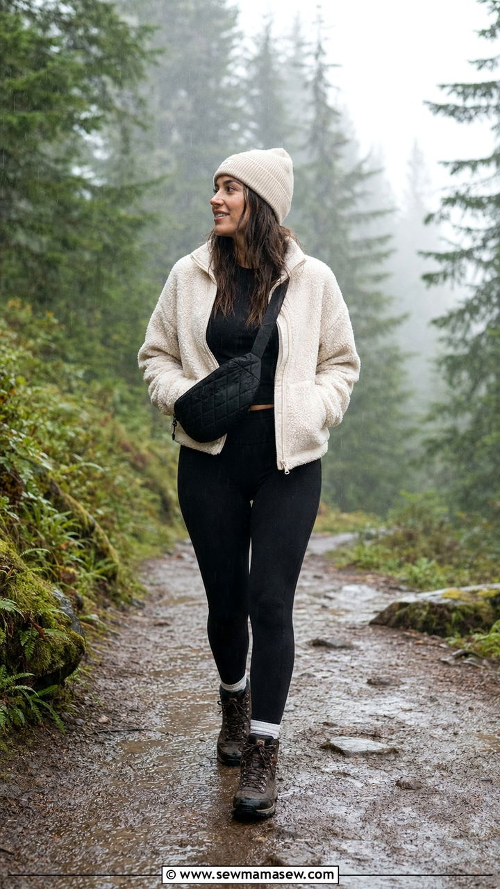Fleece jacket with thermal leggings and hiking boots - 35 rainy day outfits for women