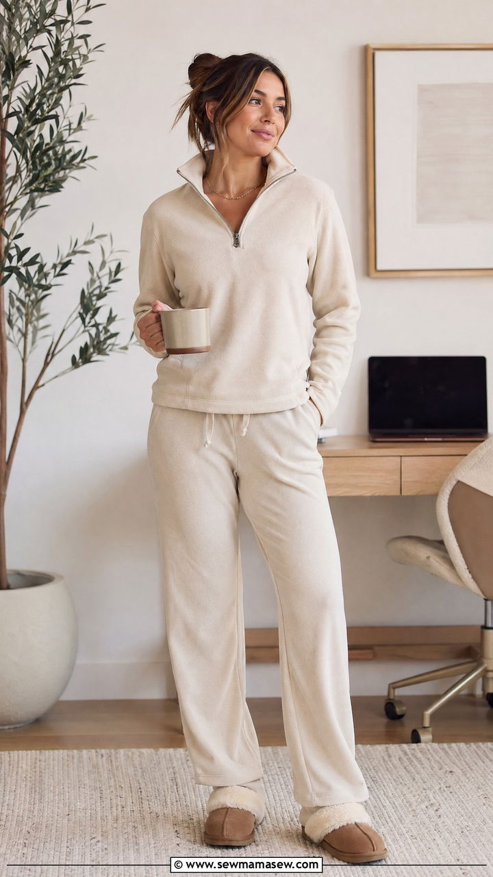 Fleece quarterzip with straight knit pants - 35 Comfortable work from home outfits