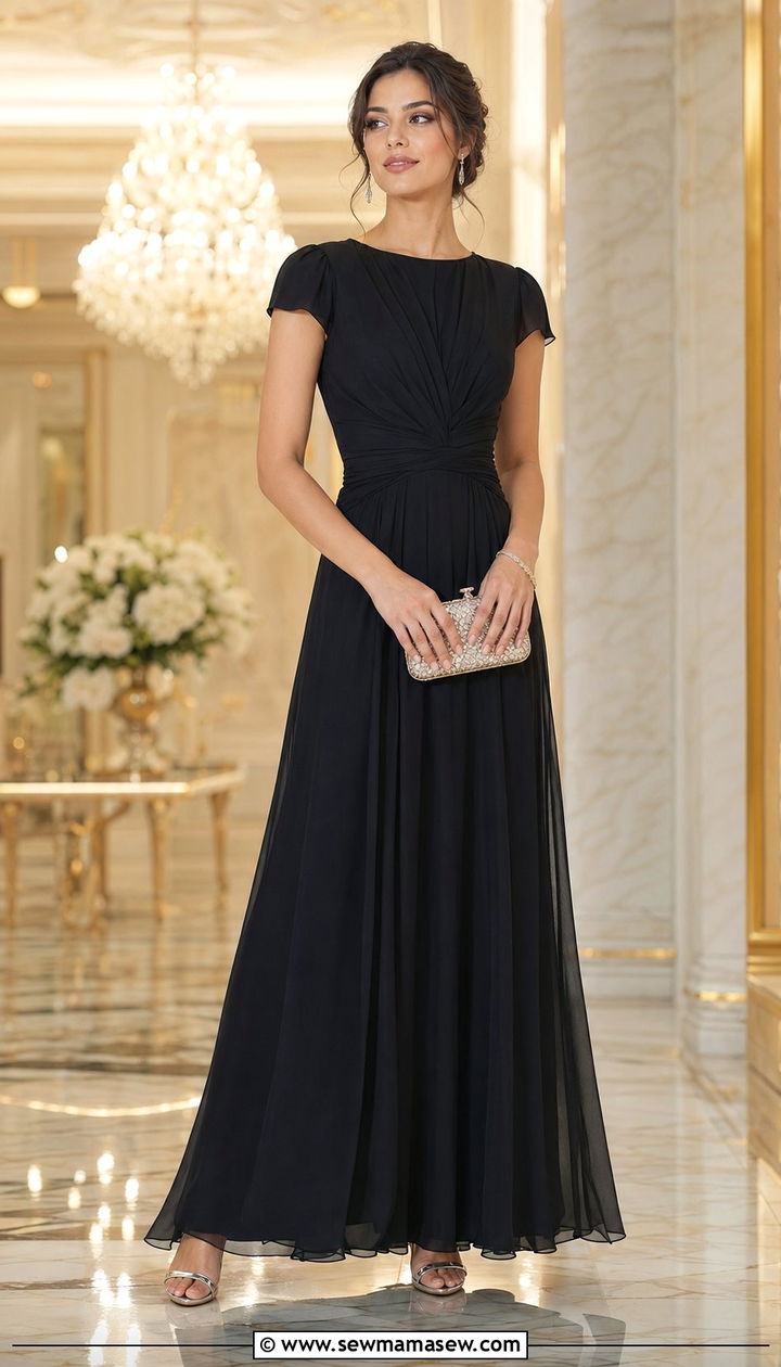 Floor Length Chiffon Gown With Cap Sleeves - 35 Modest outfit ideas for wedding guest