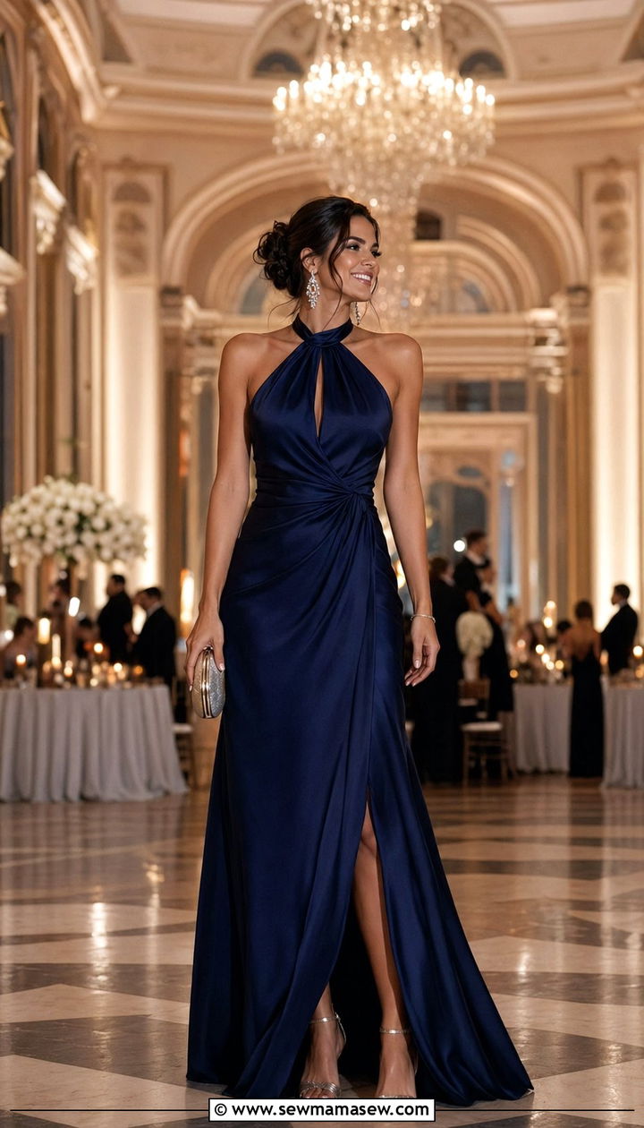 Floor Length Gown in Navy or Black - 30 wedding guest outfits ideas