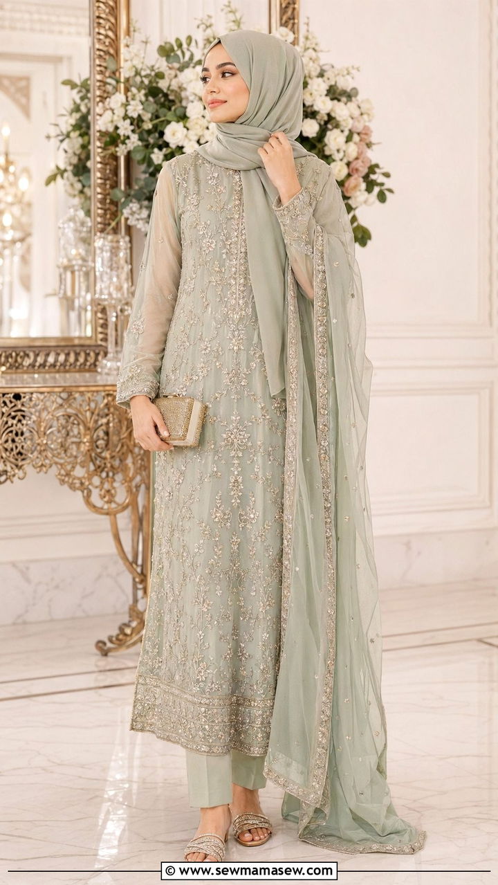 Floor Length Kurta With Straight Trousers And Hijab - 30 wedding guest outfits for hijab women
