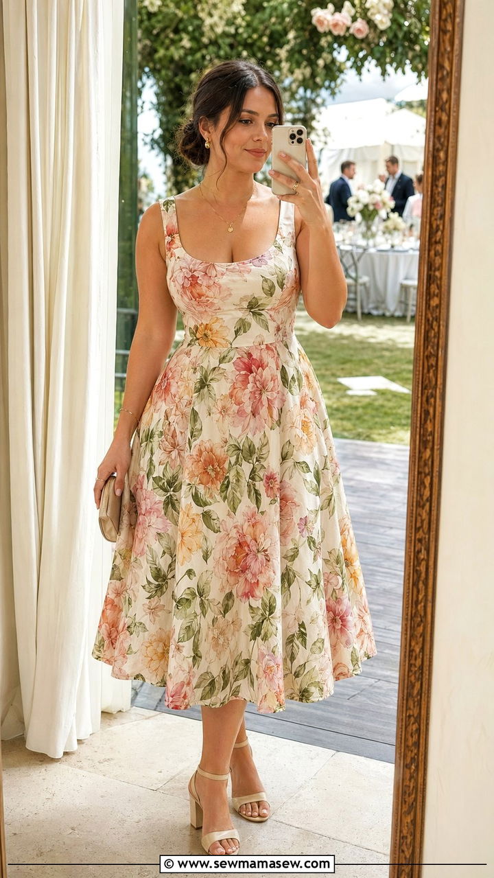 Floral A Line Midi Dress For Short Torso - 30 wedding guest outfits for short torso women