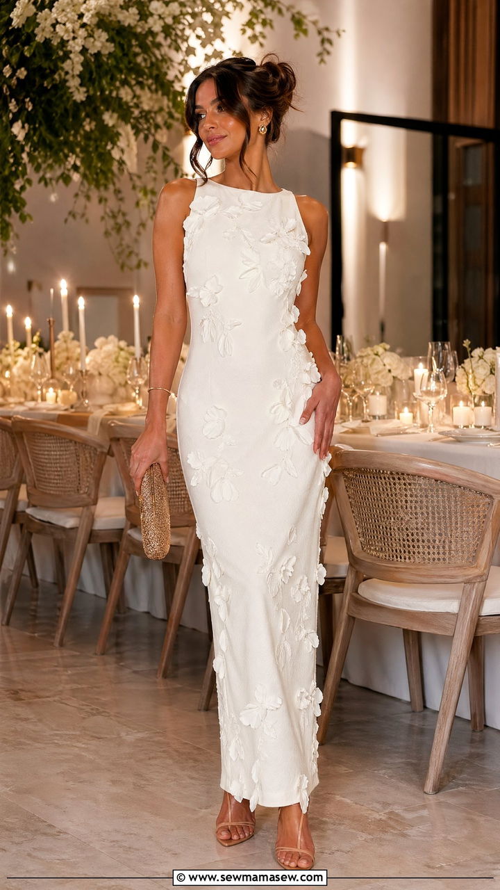 Floral Applique White Column Dress - 35 spring dinner outfit ideas