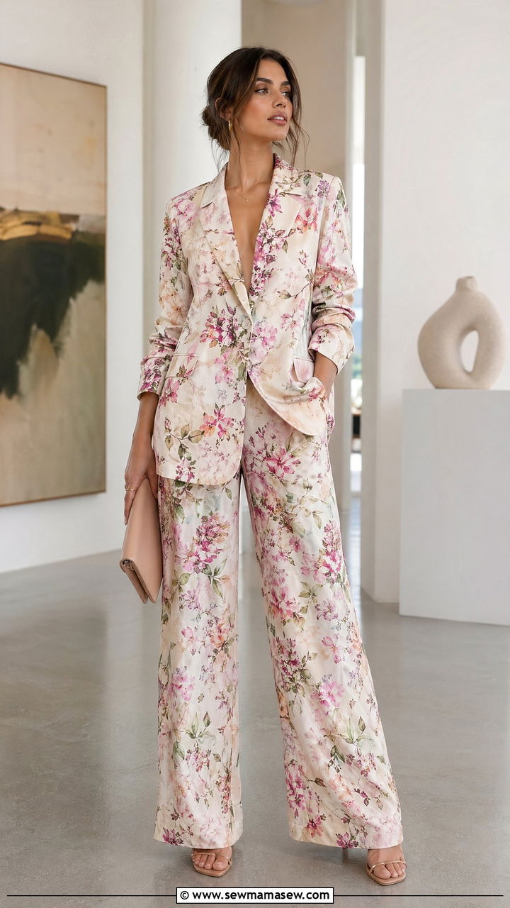 Floral Blazer And Matching Trousers - 35 spring floral outfit ideas