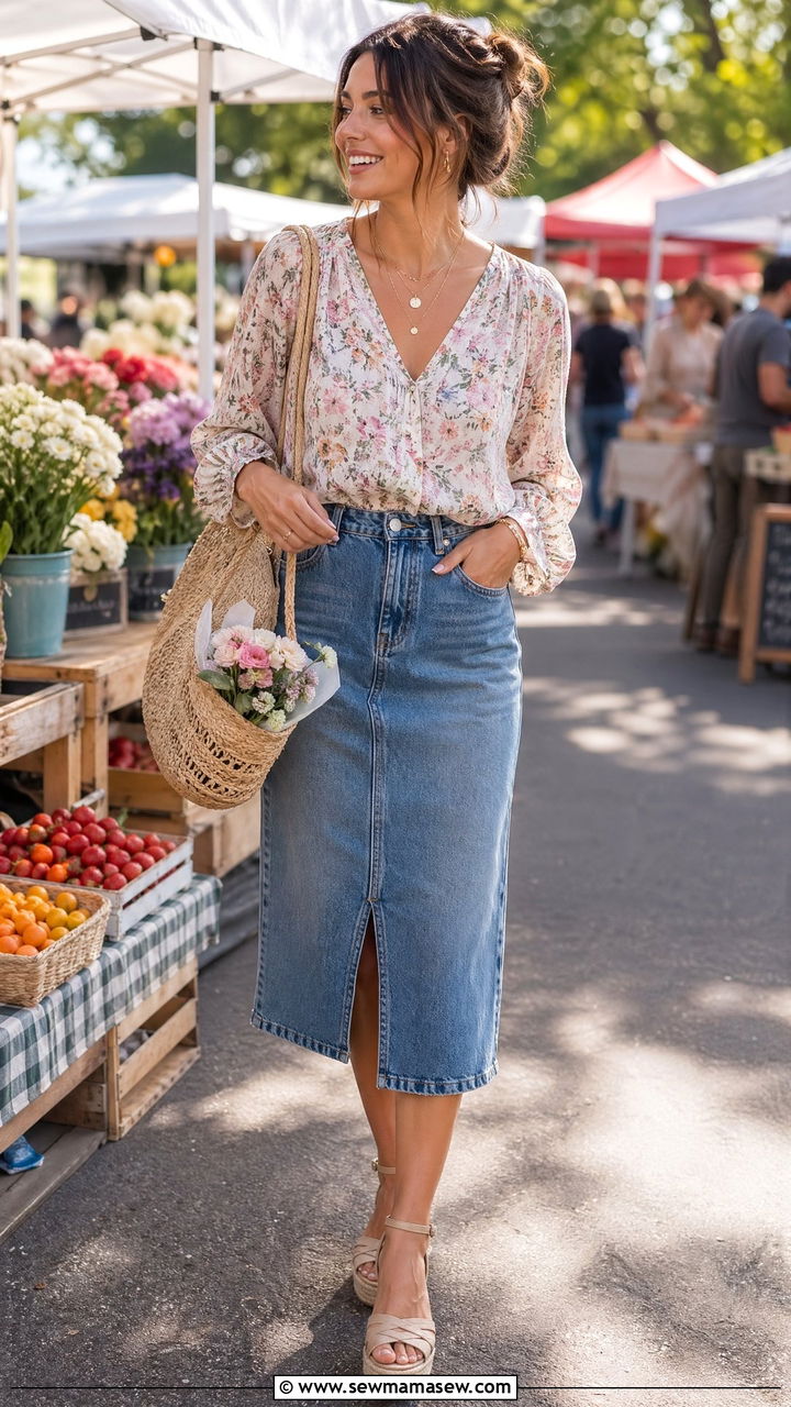 Floral Blouse And Denim Skirt - 35 spring floral outfit ideas