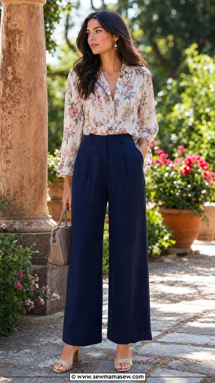 Floral Blouse And Heeled Mules With Wide Leg Linen Pants - 30 Wide leg linen pants outfit ideas for summer