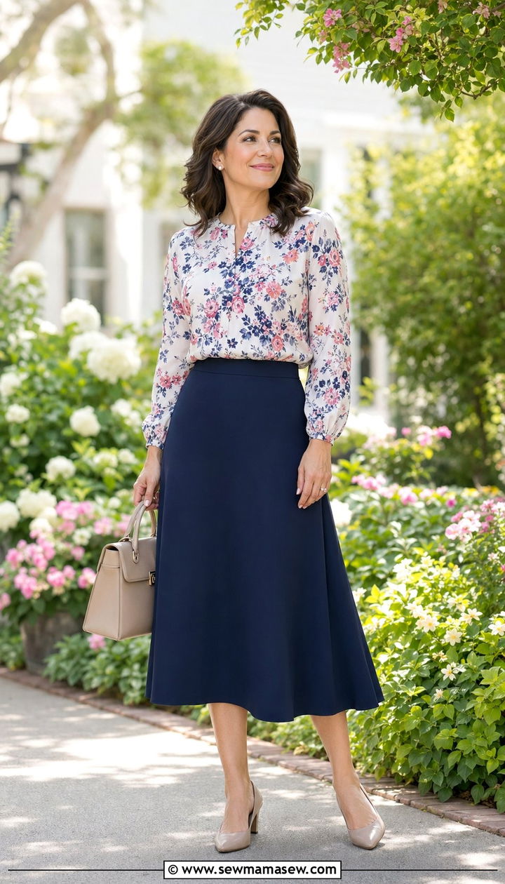Floral Blouse With A Line Skirt - 35 Modest outfit ideas for moms
