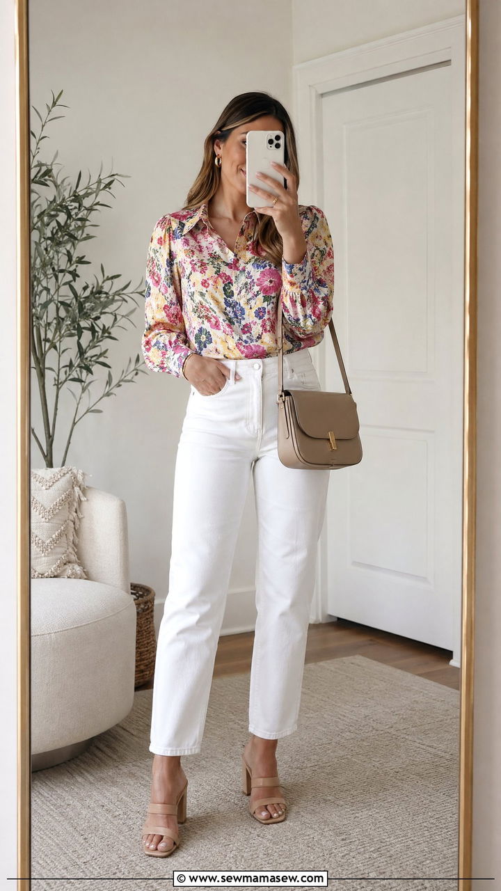 Floral Blouse With White Jeans - 35 spring floral outfit ideas