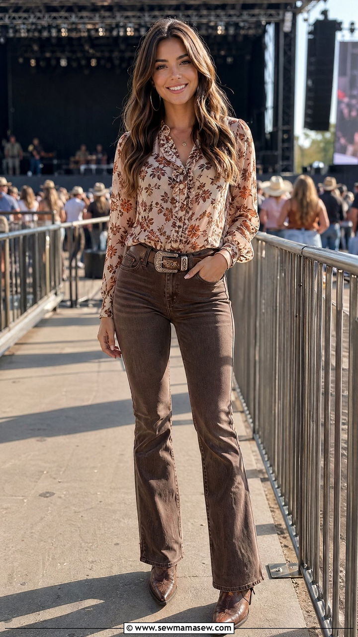 Floral Blouse and Brown Denim with Structured Belt - 35 country concert outfit ideas for women
