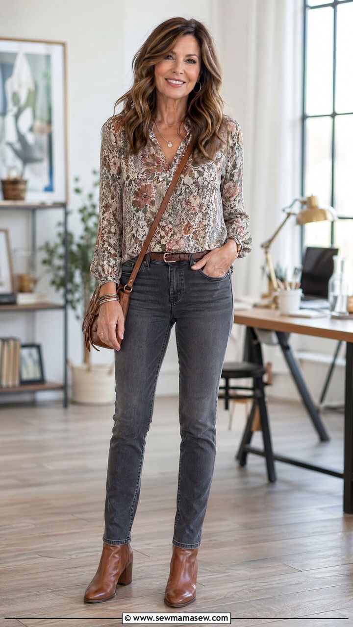 Floral Blouse with Gray Jeans - 35 Work outfits for women over 40