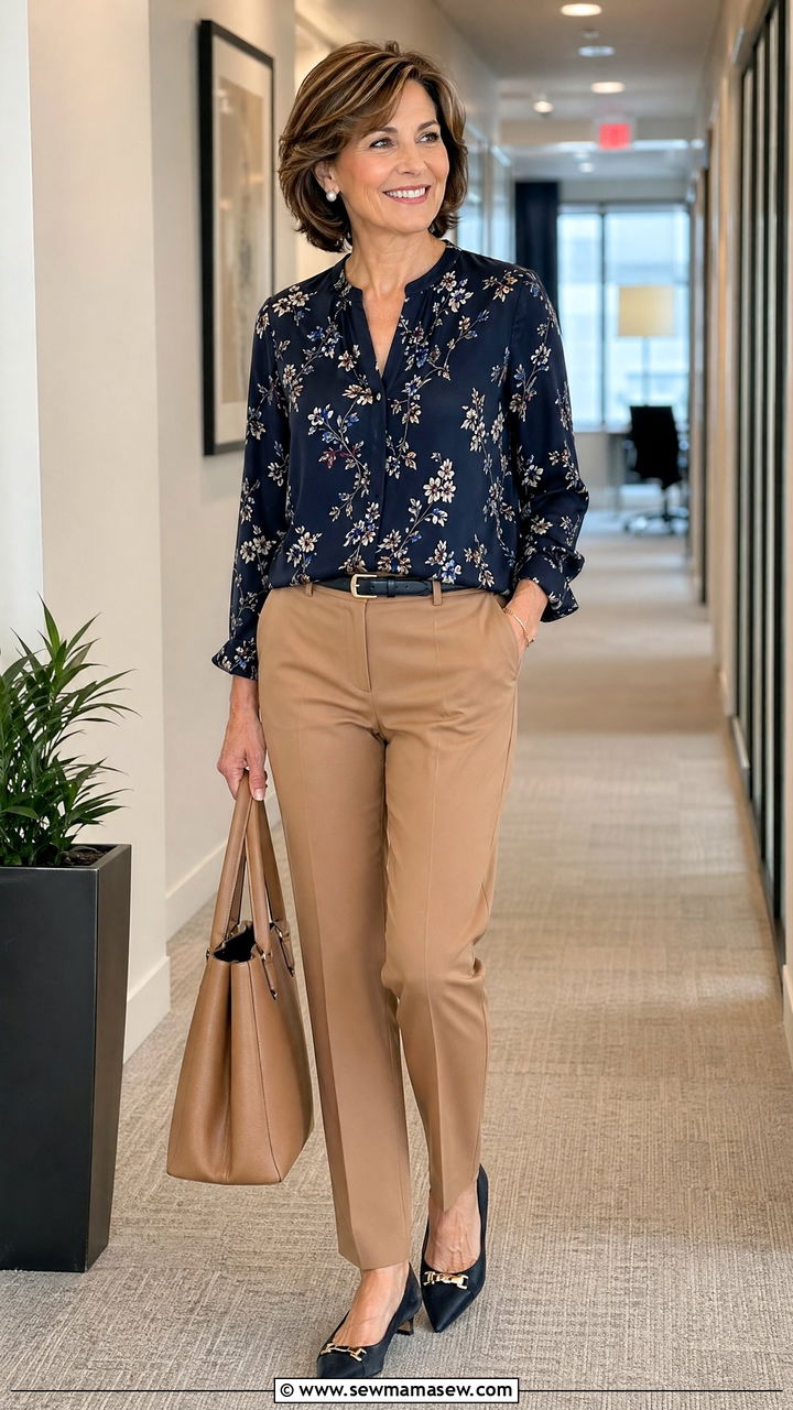 Floral Blouse with Tailored Slacks - 35 spring outfit ideas for women over 50