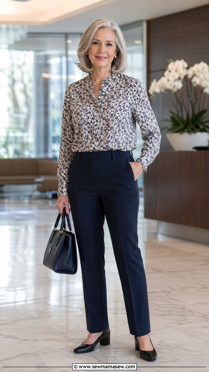 Floral Blouse with Tailored Slacks and Low Heels - 35 Spring capsule wardrobe for women over 50