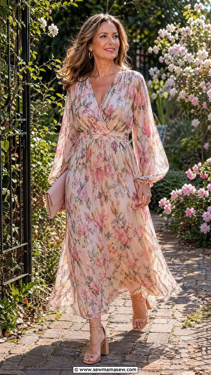Floral Chiffon Maxi Dress with Bishop Sleeves for Spring Wedding - 35 Wedding guest outfits for women over 40