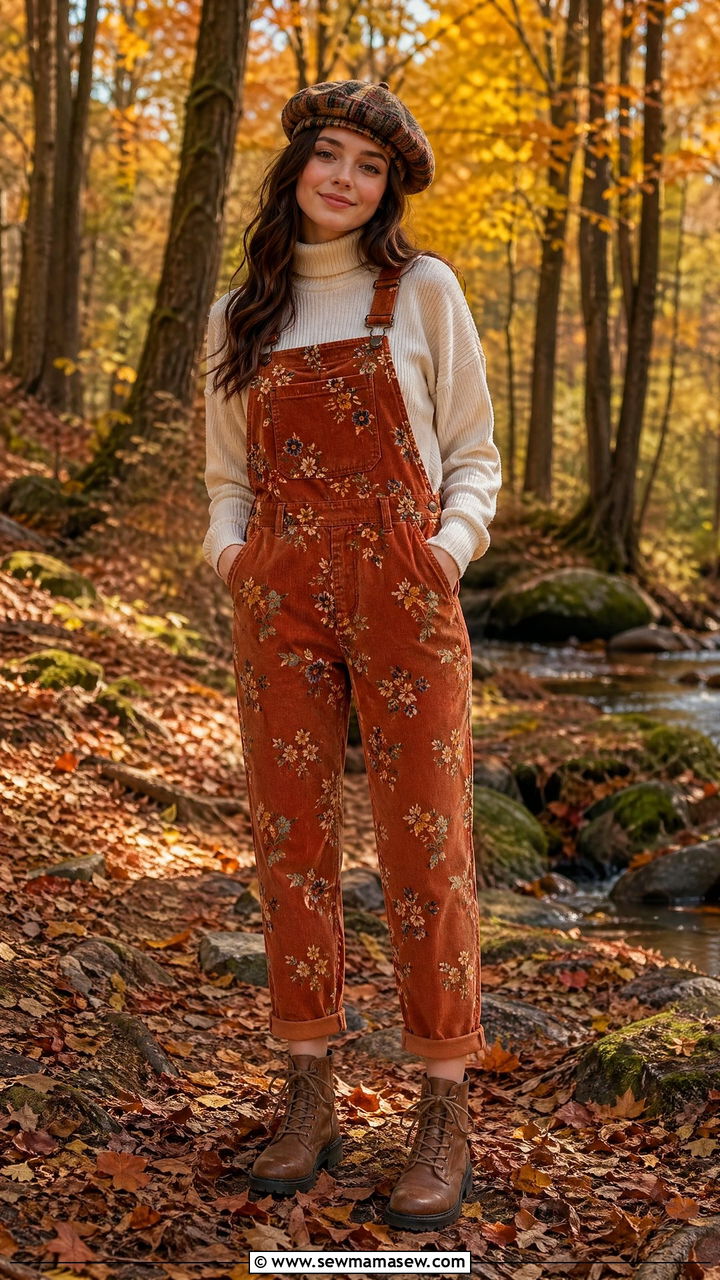 Floral Corduroy Overalls With Turtleneck - 35 cottagecore outfits for women