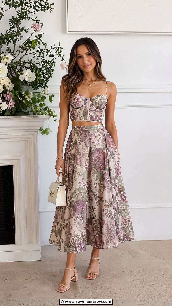 Floral Corset Top and Skirt Wedding Guest Set - 35 Cottagecore wedding guest outfits