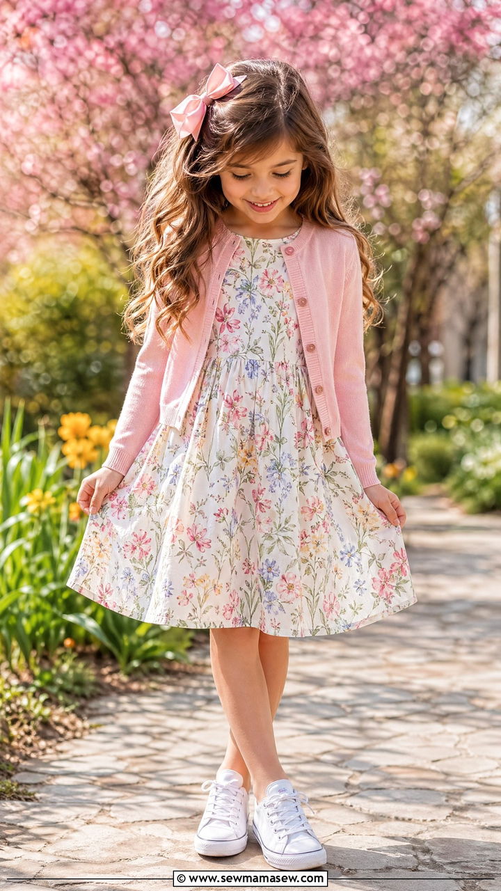 Floral Cotton Dress and Cardigan Outfit - 35 Spring outfits for kids