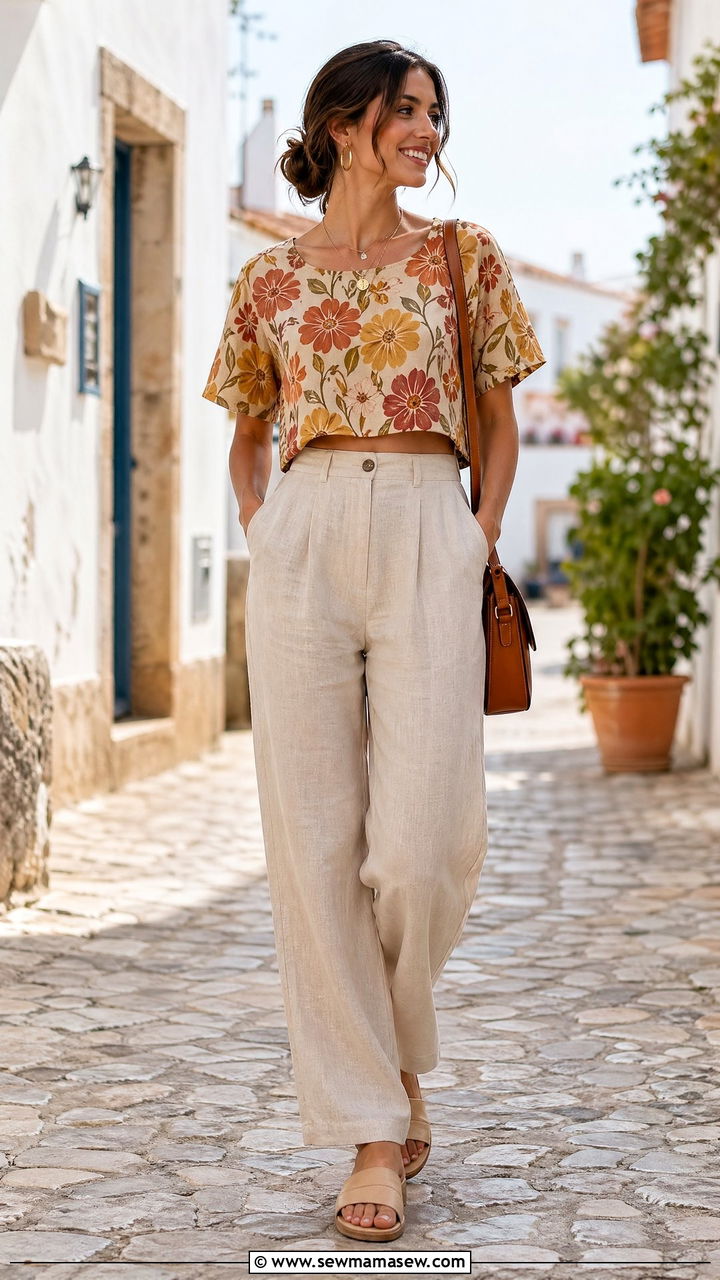 Floral Crop Top With Linen Pants - 35 summer floral outfit ideas