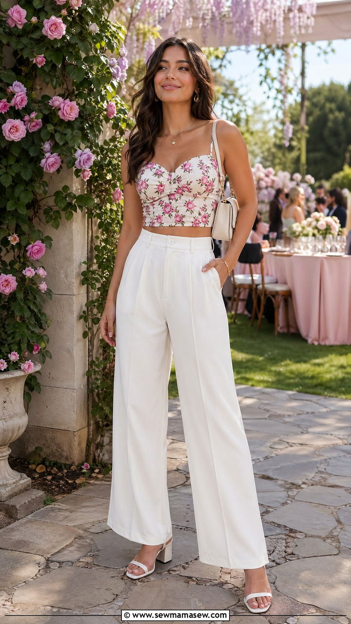 Floral Crop Top With White Pants - 35 summer floral outfit ideas
