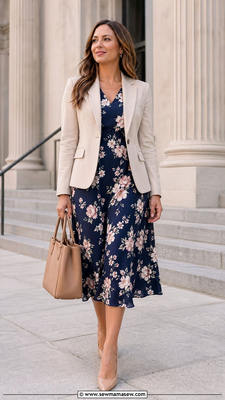 Floral Dress With Neutral Blazer Court Outfit - 35 Court appearance outfit ideas