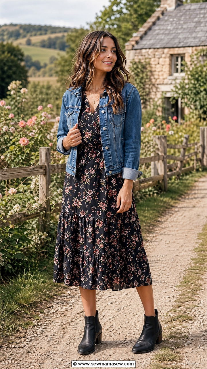Floral Dress With a Denim Jacket and Ankle Boots - 35 Summer to fall transition outfits