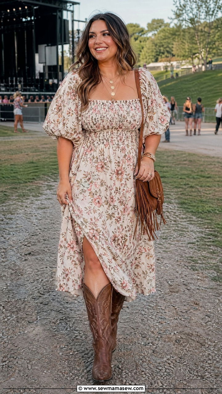 Floral Dress and Cowboy Boots for Concert - 35 Concert outfits for midsize women