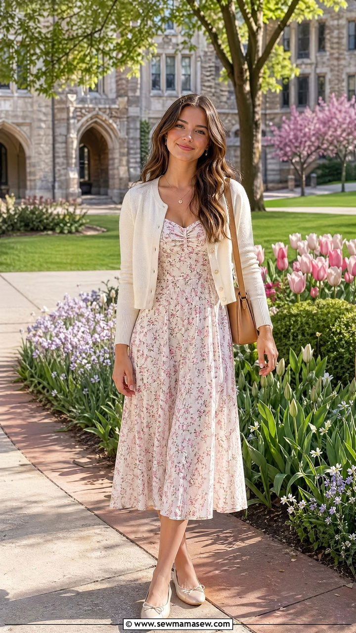 Floral Dress and a Cropped Cardigan - 35 Spring outfits for college