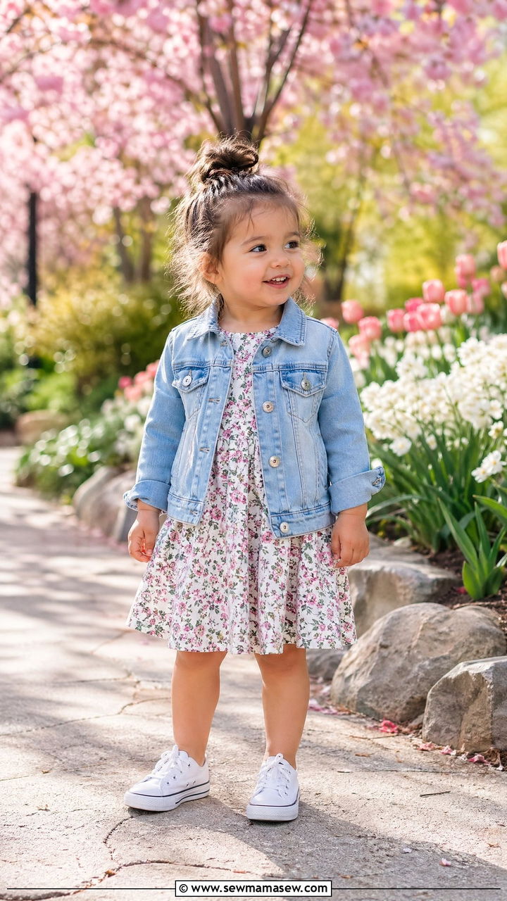 Floral Dress with Denim Jacket and Sneakers - 35 Spring outfits for toddlers