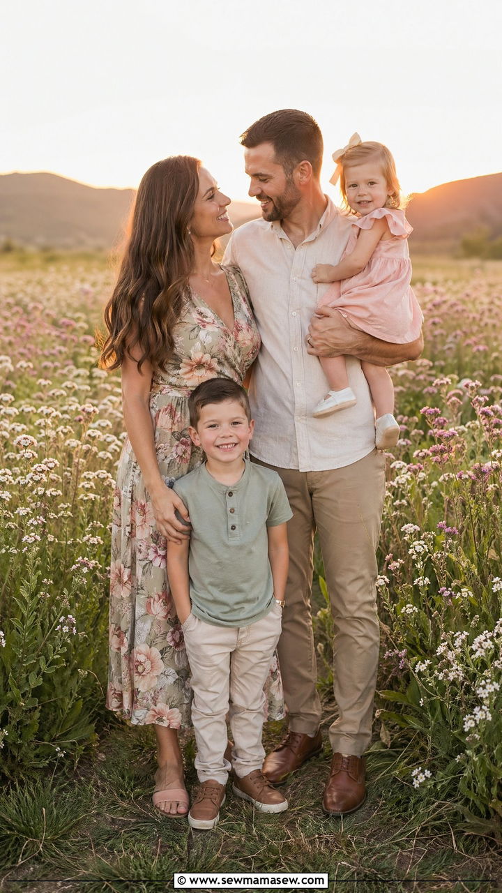 Floral Dress with Neutral Solids Family Look - 35 spring family photo outfit ideas