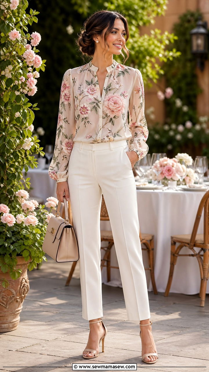 Floral Embroidered Blouse With White Trousers - 35 spring floral outfit ideas