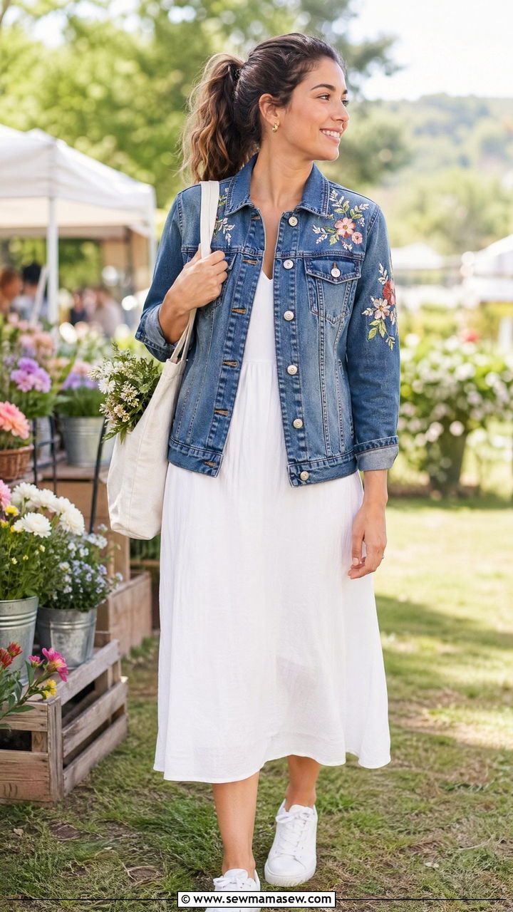 Floral Embroidered Denim Jacket Over Midi Dress - 35 Spring floral print outfits