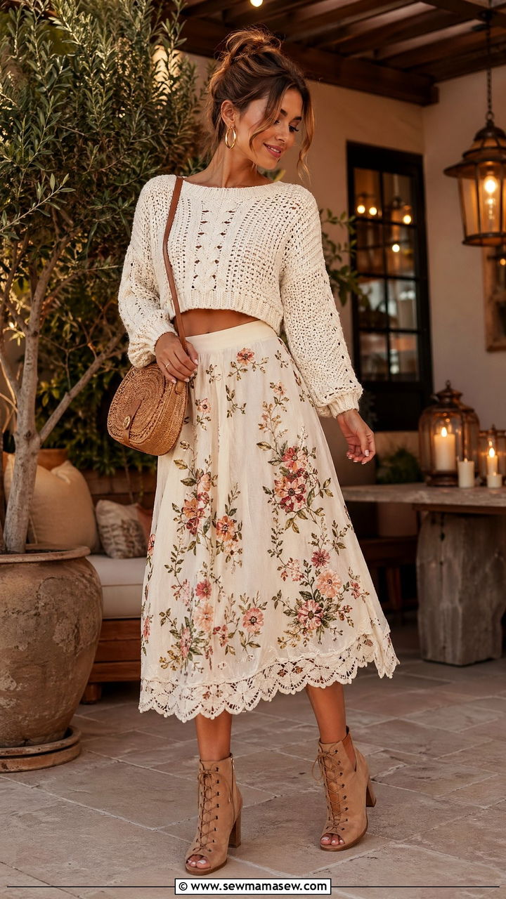Floral Embroidered Midi Skirt with Cropped Knit Sweater - 35 summer boho chic outfit ideas