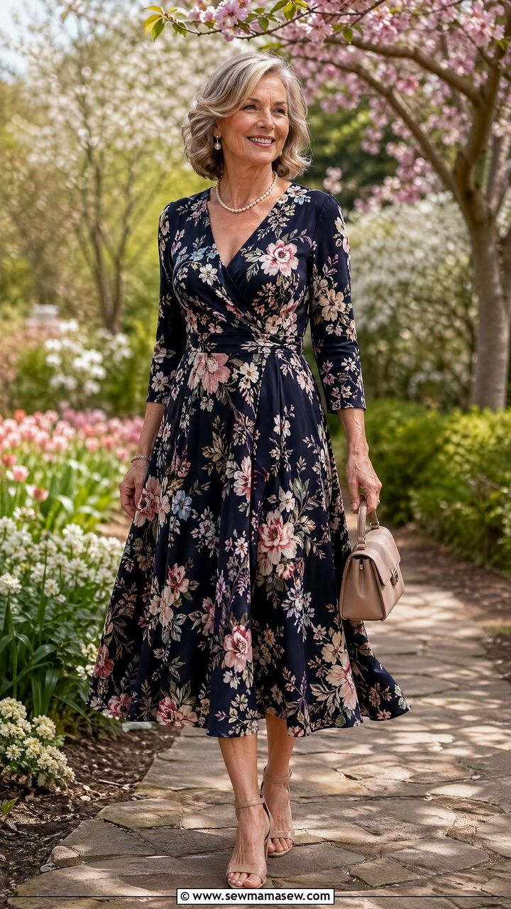 Floral Fit and Flare Dress with Pearl Accessories - 35 What to wear in spring for women over 50