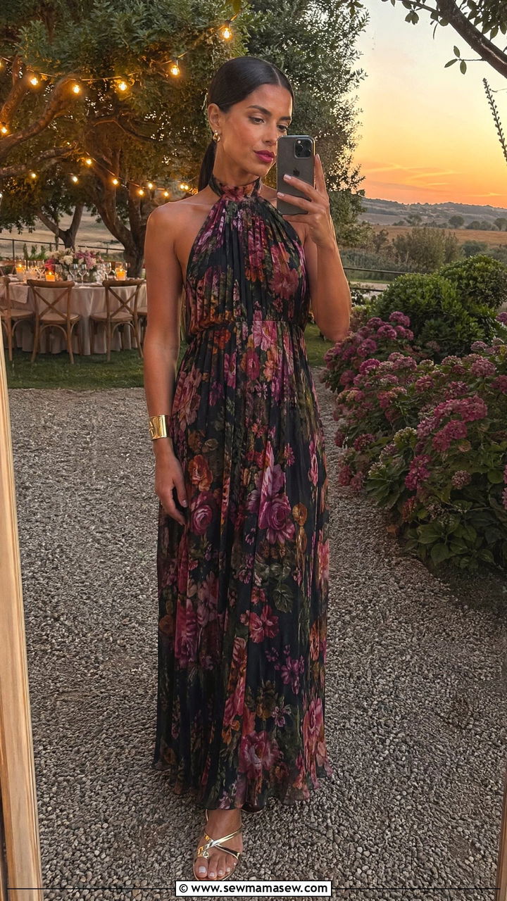 Floral Halter Dress with Metallic Sandals - 35 Summer garden party outfits