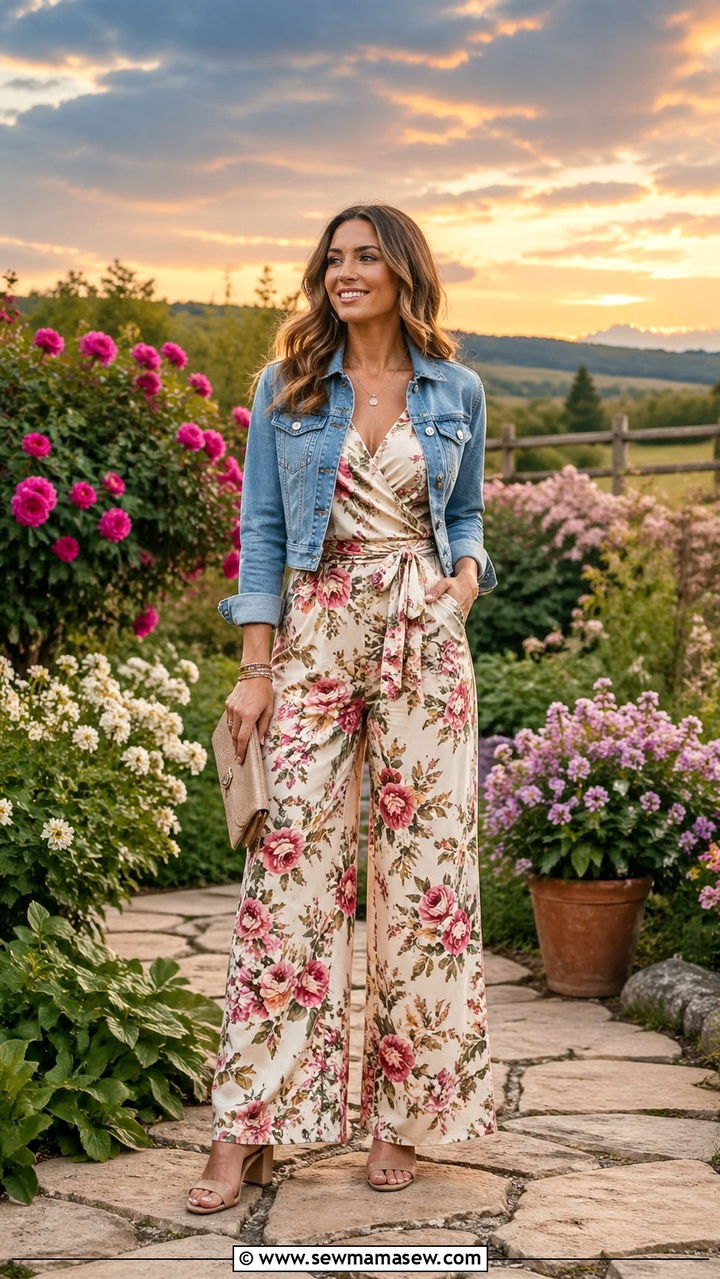 Floral Jumpsuit With Cropped Jacket And Heeled Sandals - 30 Spring countryside outfits