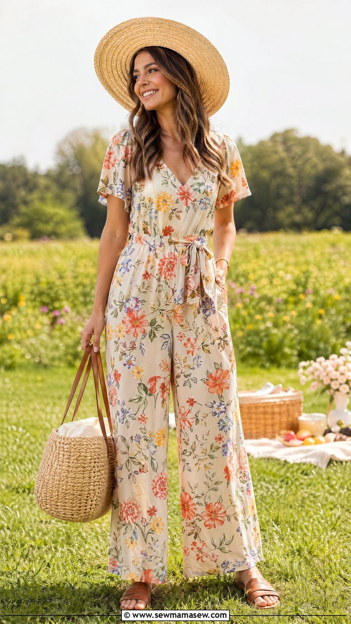 Floral Jumpsuit With Straw Hat - 35 What to wear for a summer picnic