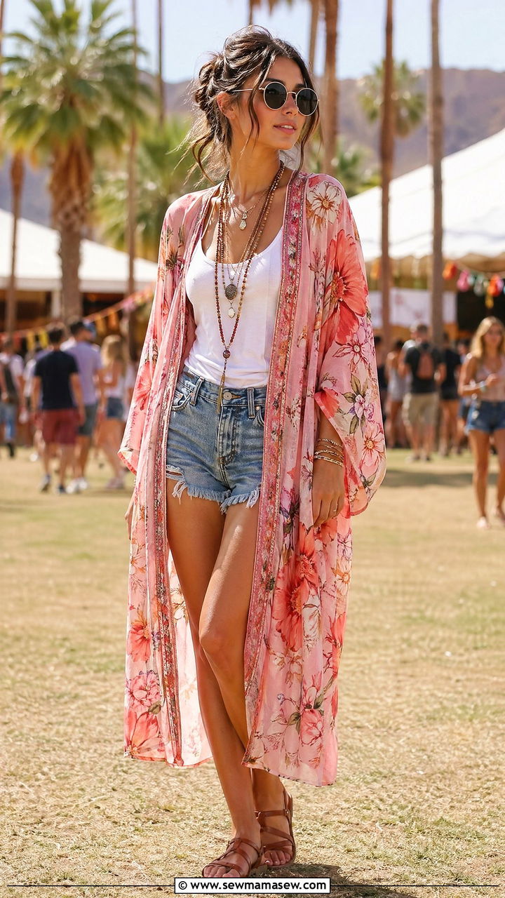 Floral Kimono Over Tank And Shorts - 35 summer floral outfit ideas