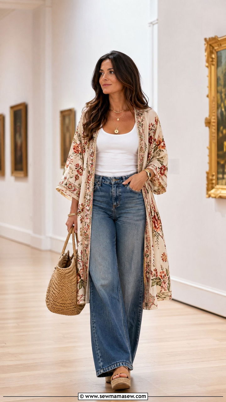 Floral Kimono and Wide Leg Jeans - 35 summer boho chic outfits